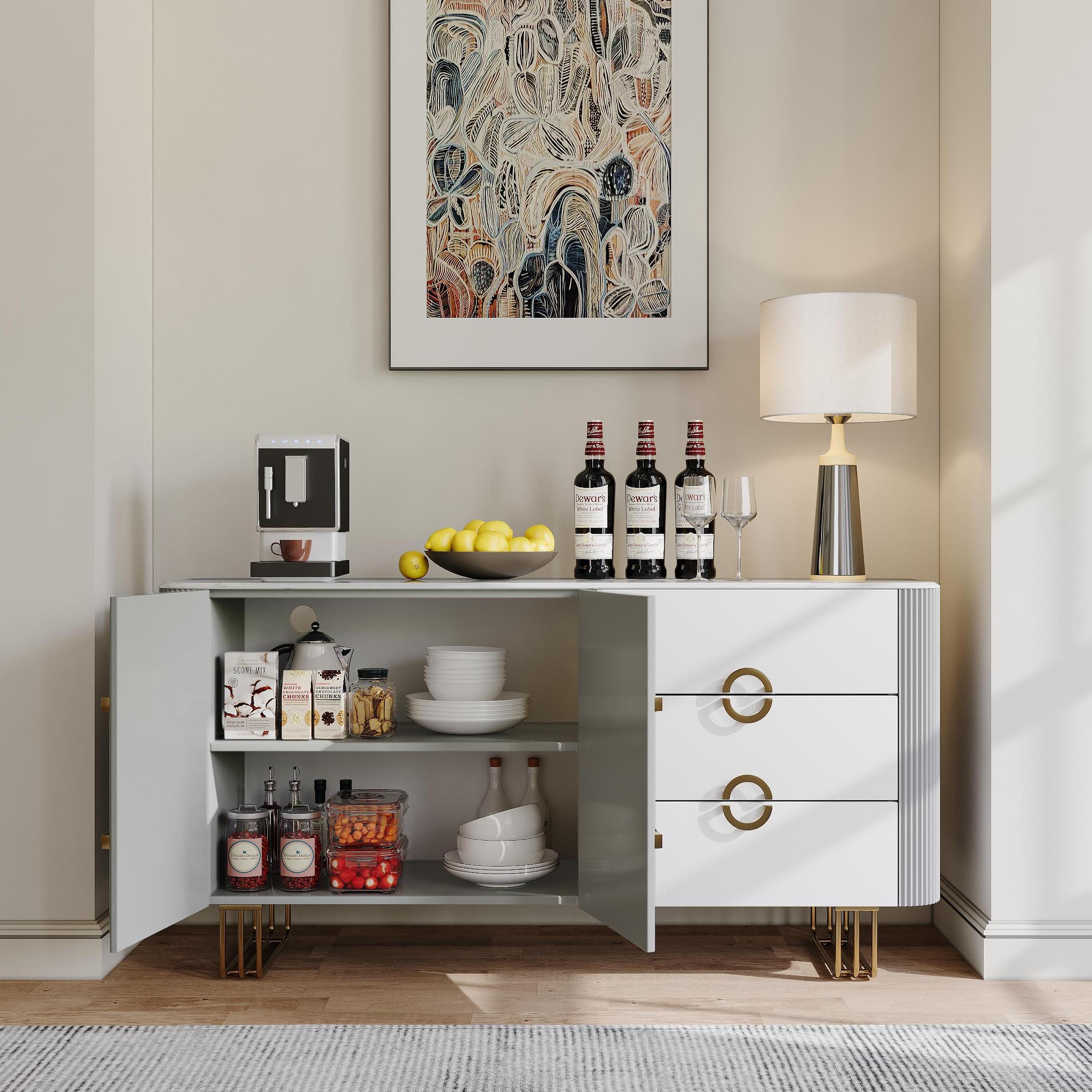 Metal Leg White & Gray Glossy Sintered Stone Sideboards & Buffets