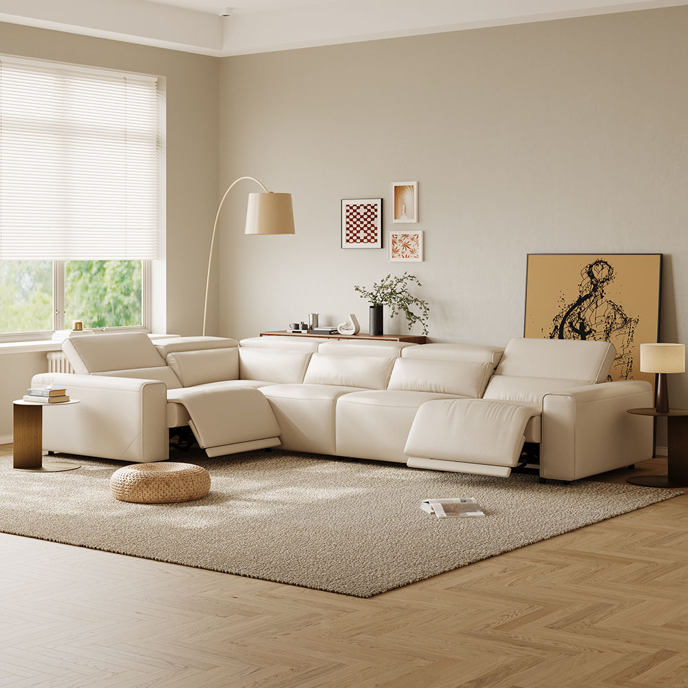 Power Reclining Sofas Beige Eco-friendly Microfiber Leather Smart Furniture
