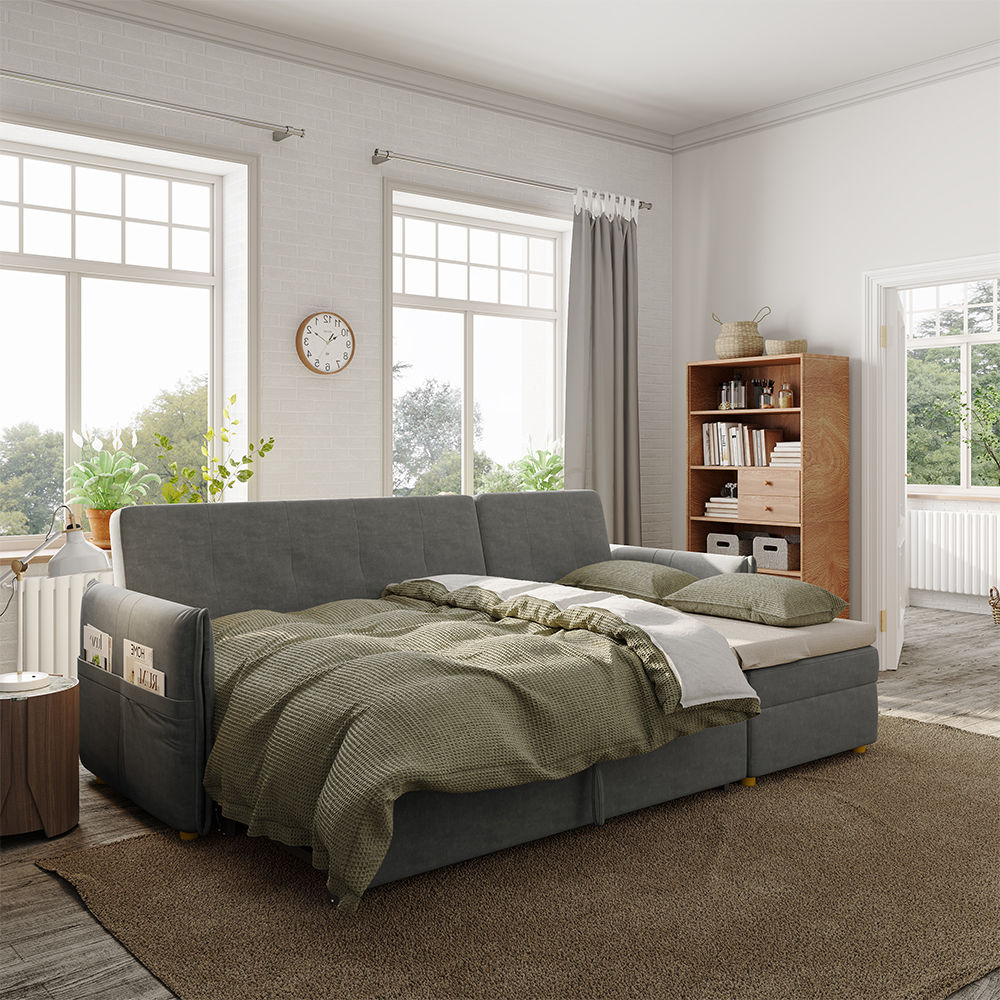 Wood Leg Dark Gray Fabric Sofa Beds