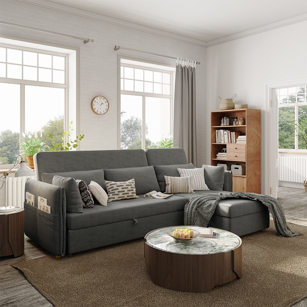 Wood Leg Dark Gray Fabric Sofa Beds