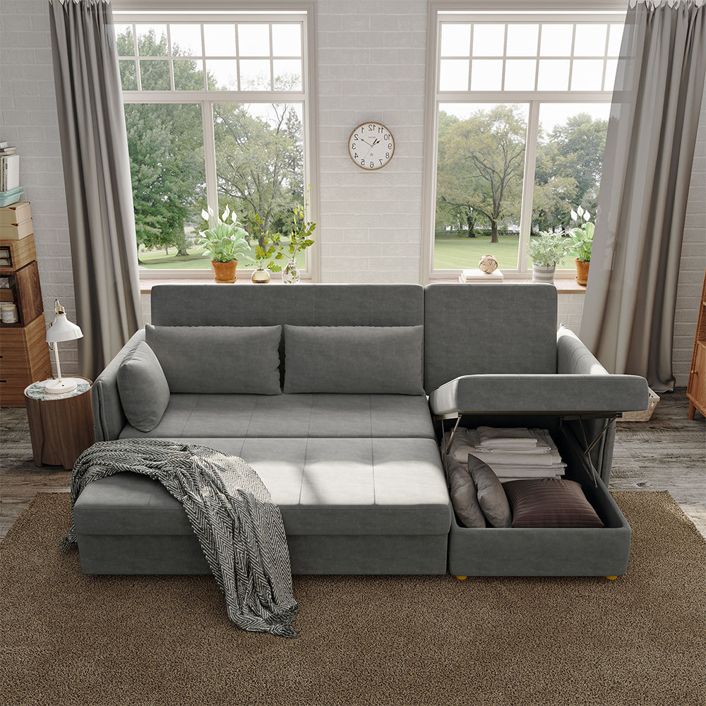 Wood Leg Dark Gray Fabric Sofa Beds