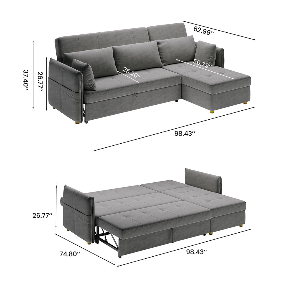 Wood Leg Dark Gray Fabric Sofa Beds