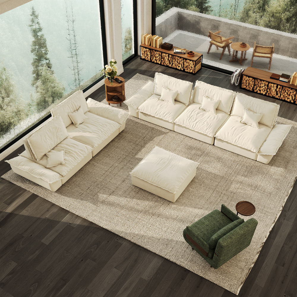 2 Seaters Beige Suede Fabric Sofa Set