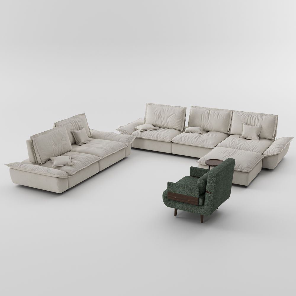 3 Seaters Beige Suede Fabric Sofa Set