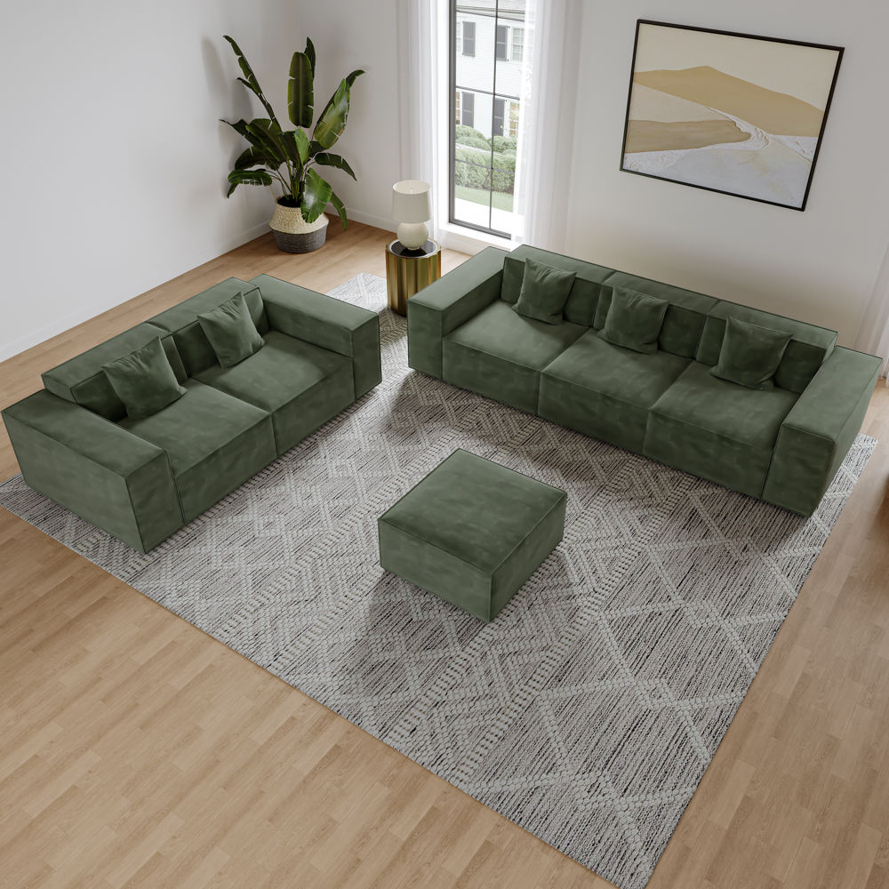 Pure Color Green Fabric Sofa Set