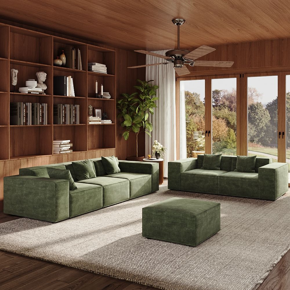 Pure Color Green Fabric Sofa Set
