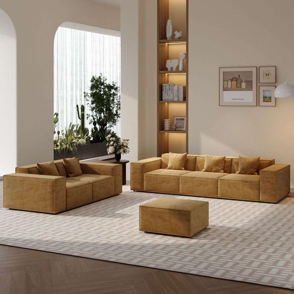 Partly Assemble Yellow Fabric Sofa Set