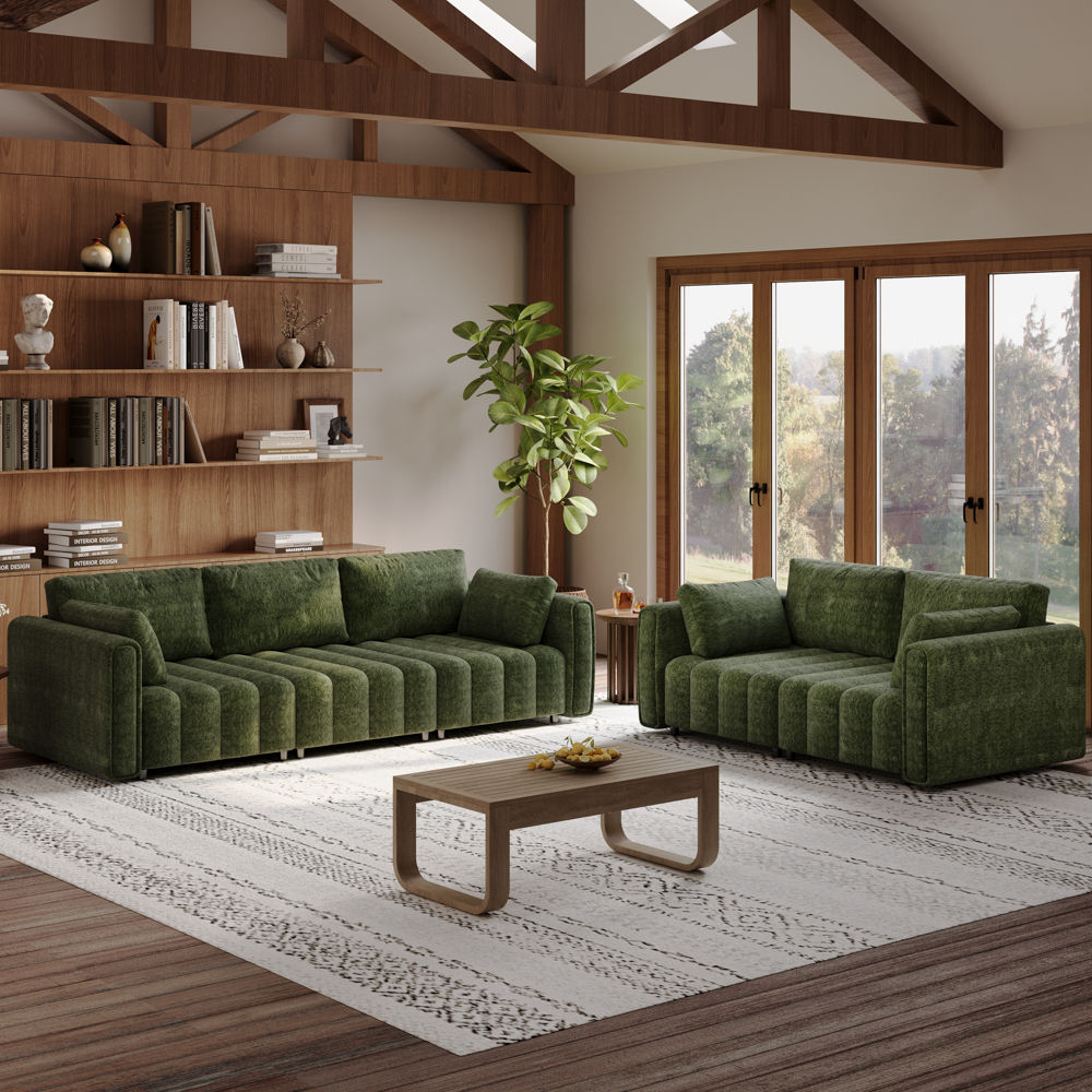 Straight Armrest Green Chenille Sofa Set