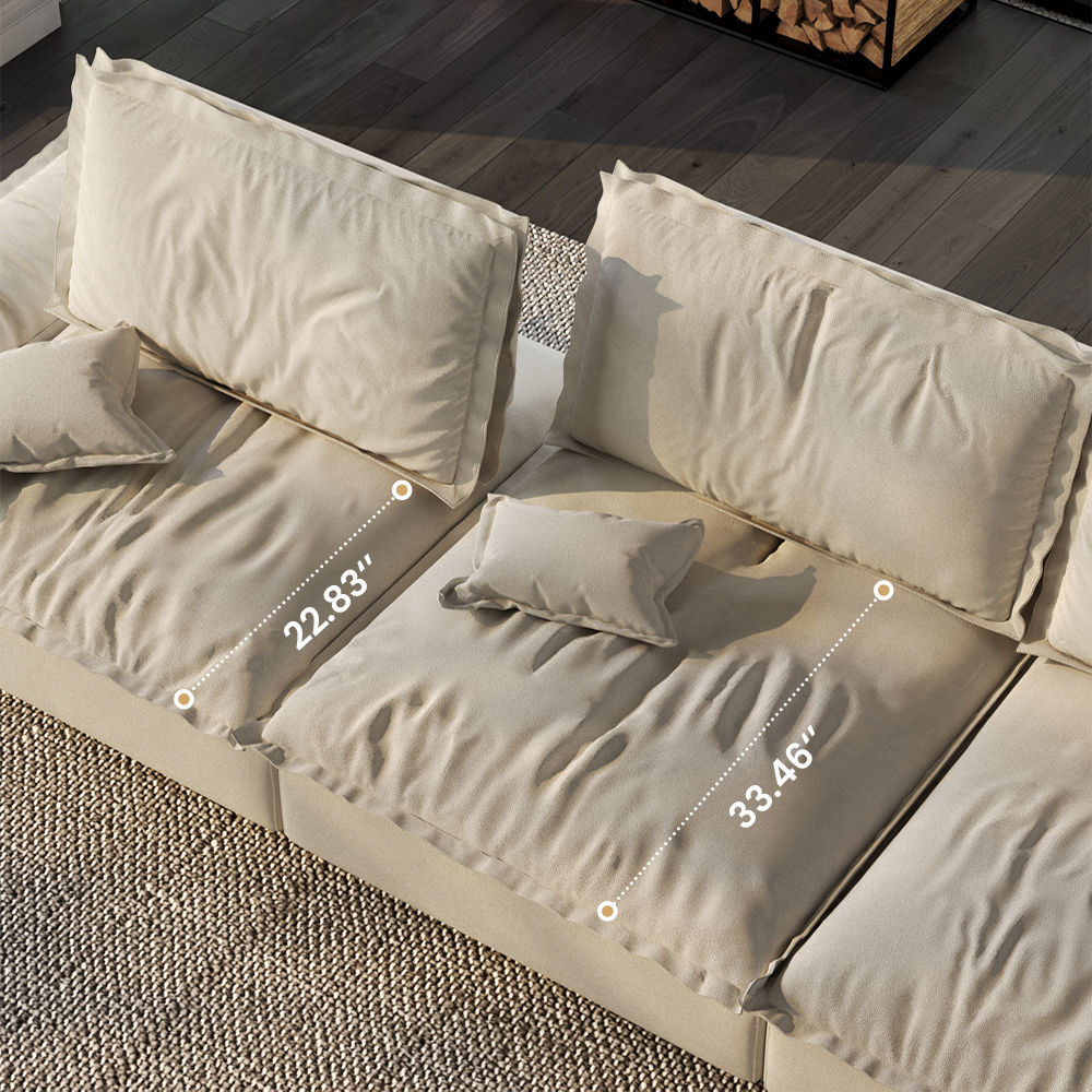 5 Seaters Beige Suede Fabric Sofa Set