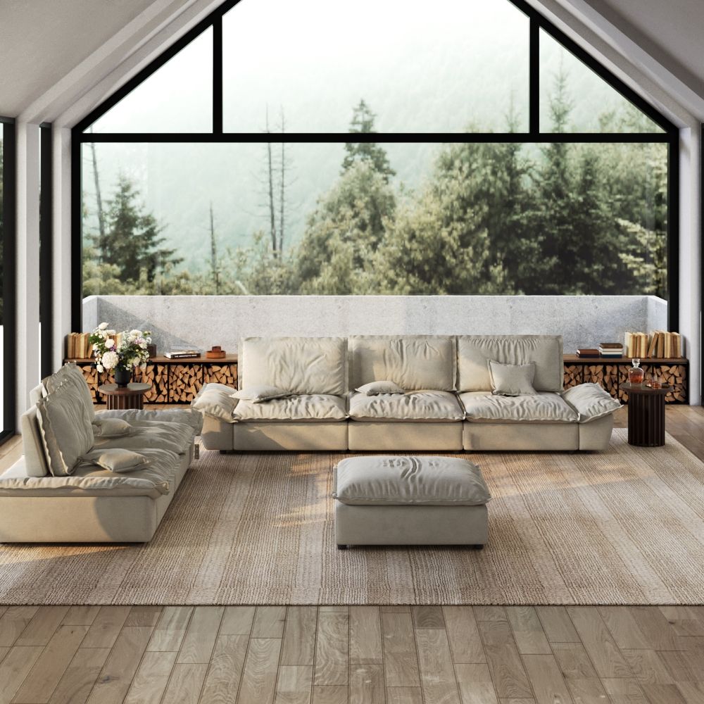Fabric Beige Suede Fabric Sofa Set