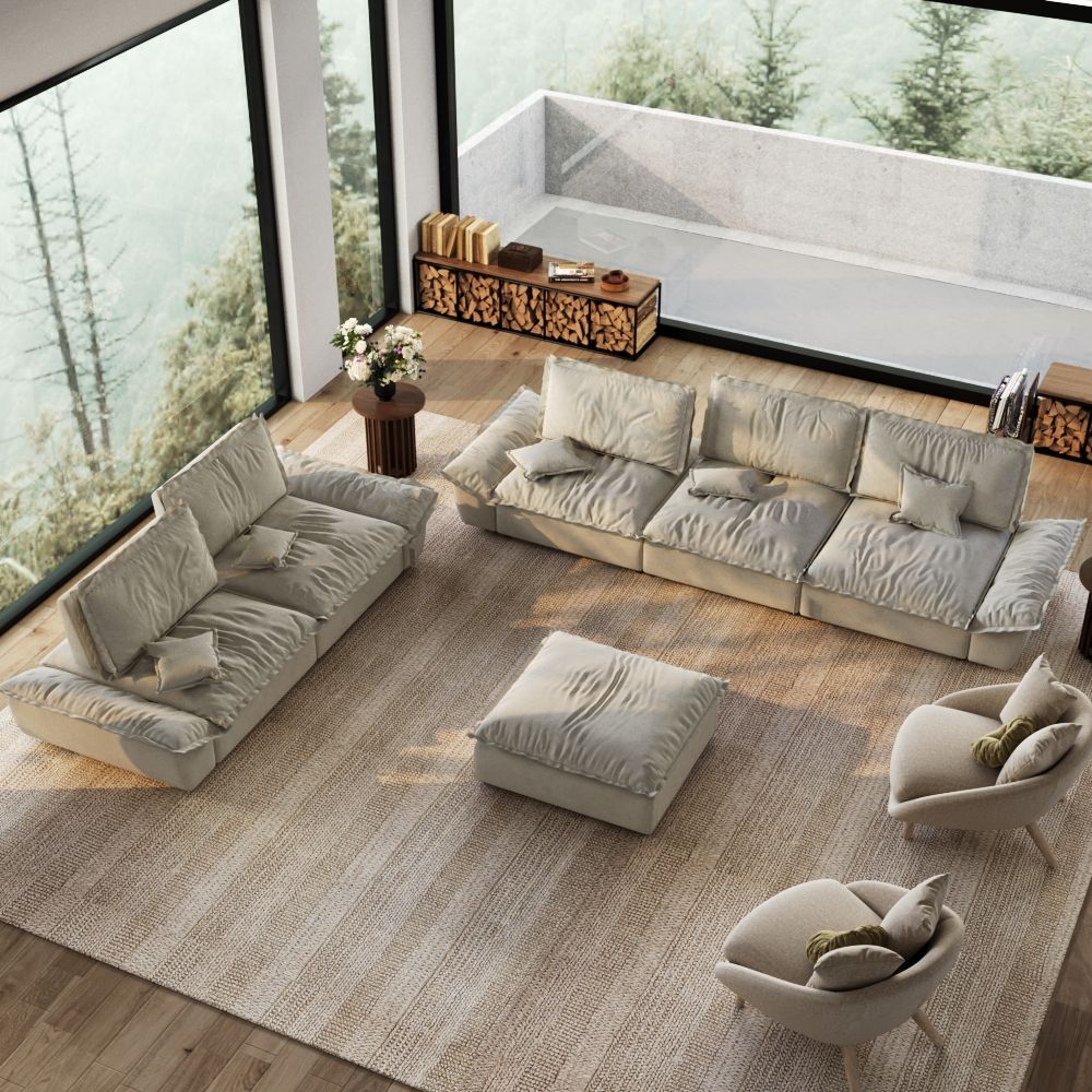 2 Seaters Beige Suede Fabric Sofa Set