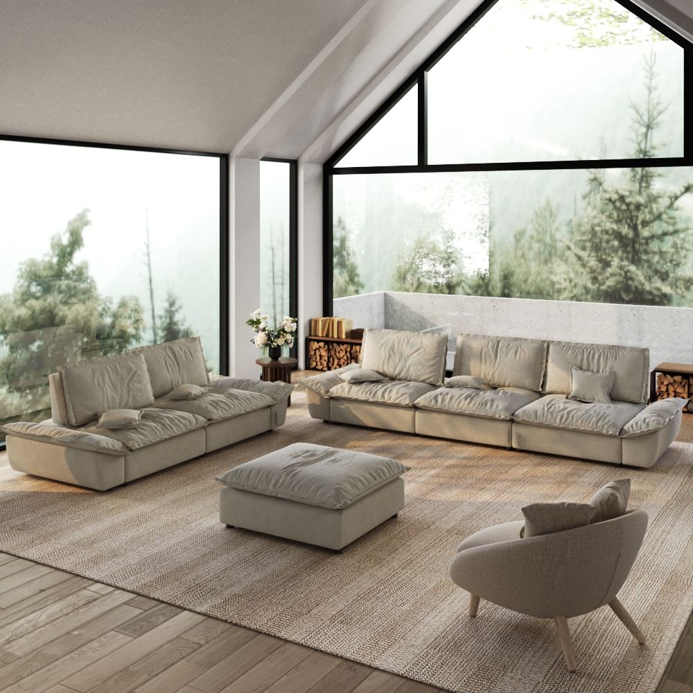 Partly Assemble Beige Suede Fabric Sofa Set