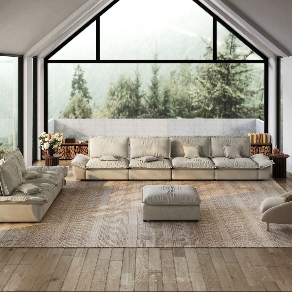 7 Seaters Beige Suede Fabric Sofa Set