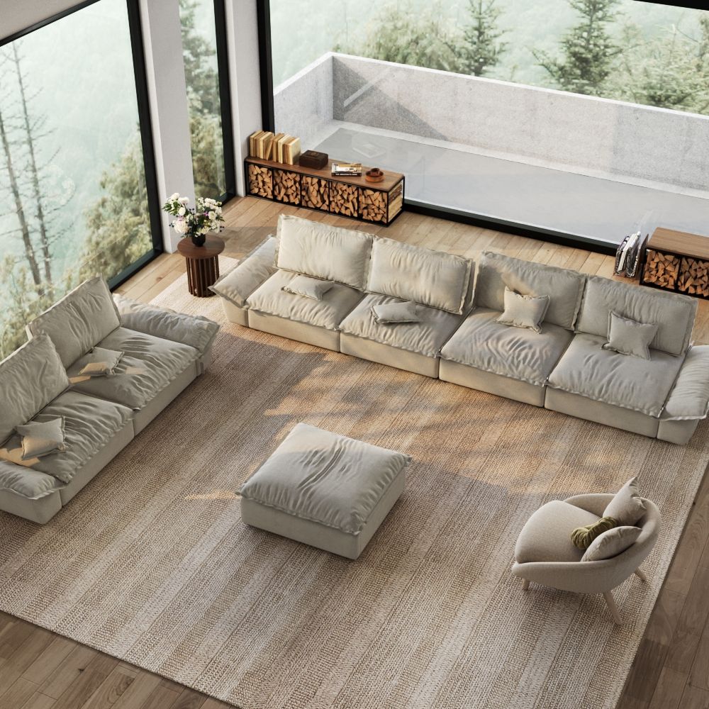 Pure Color Beige Suede Fabric Sofa Set