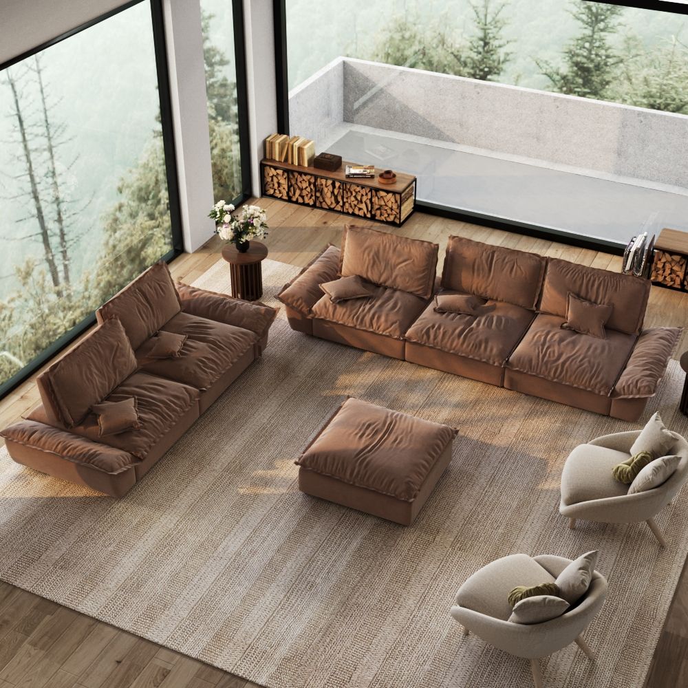 Brown Suede Fabric Sofa Set