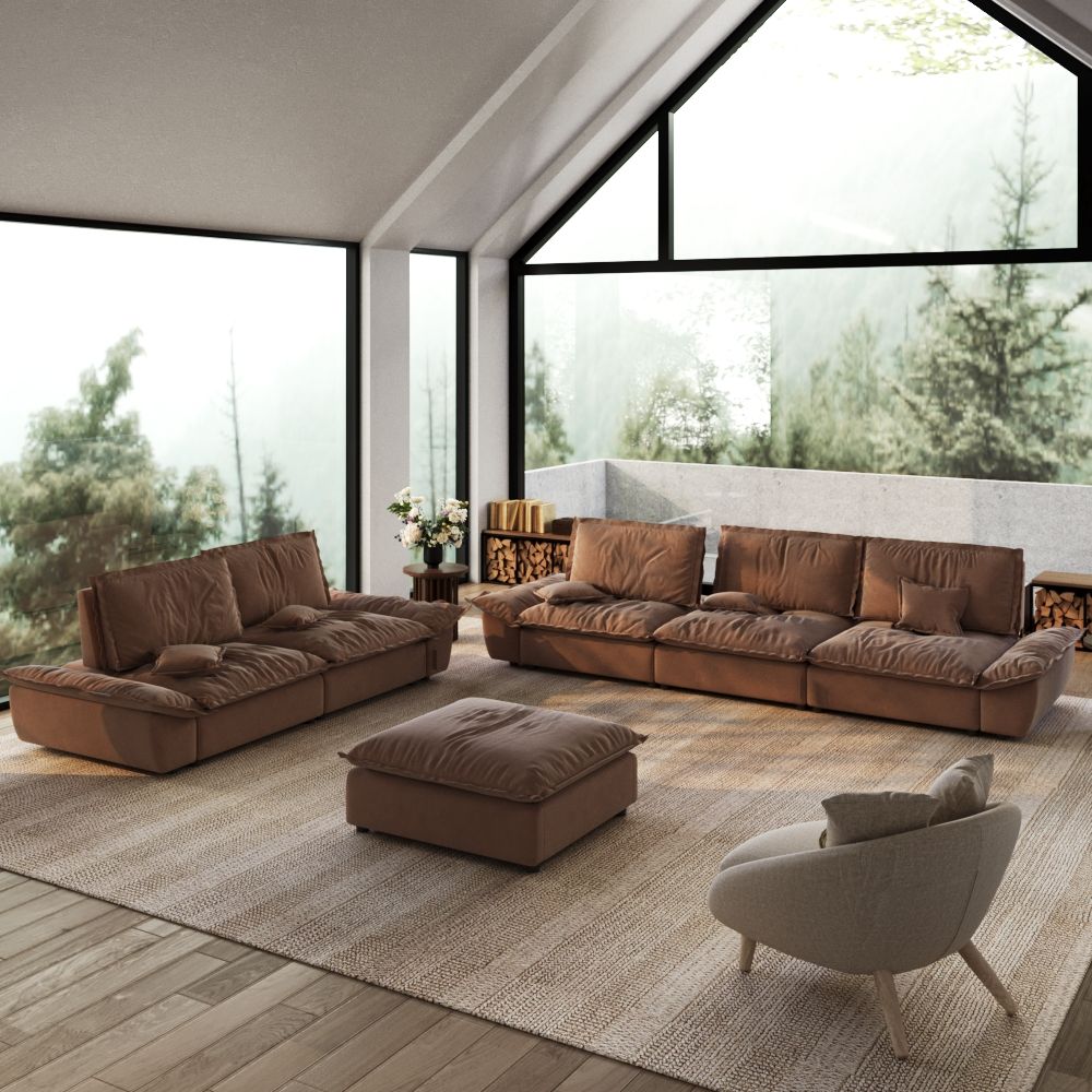 Brown Suede Fabric Sofa Set