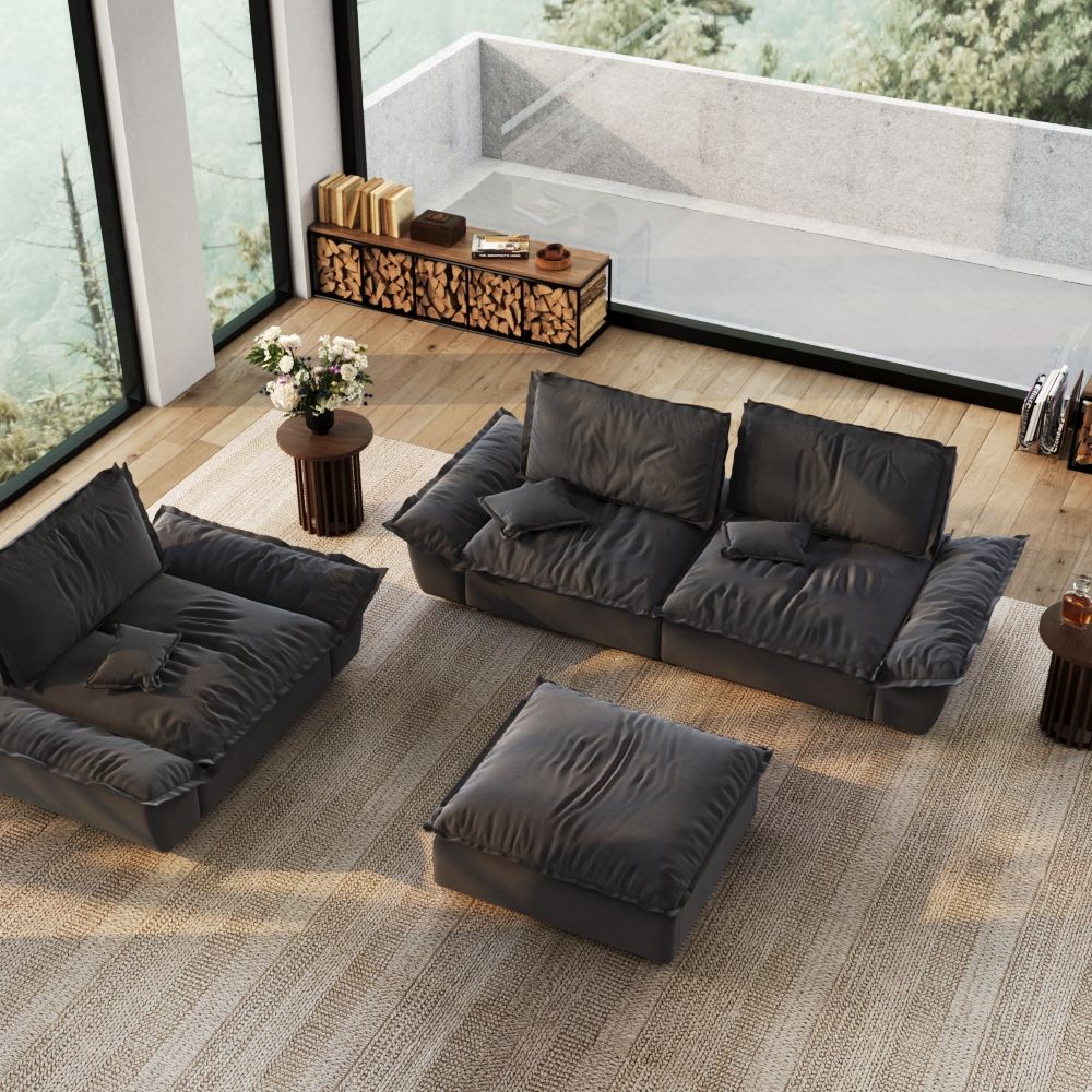 Gray Suede Fabric Sofa Set