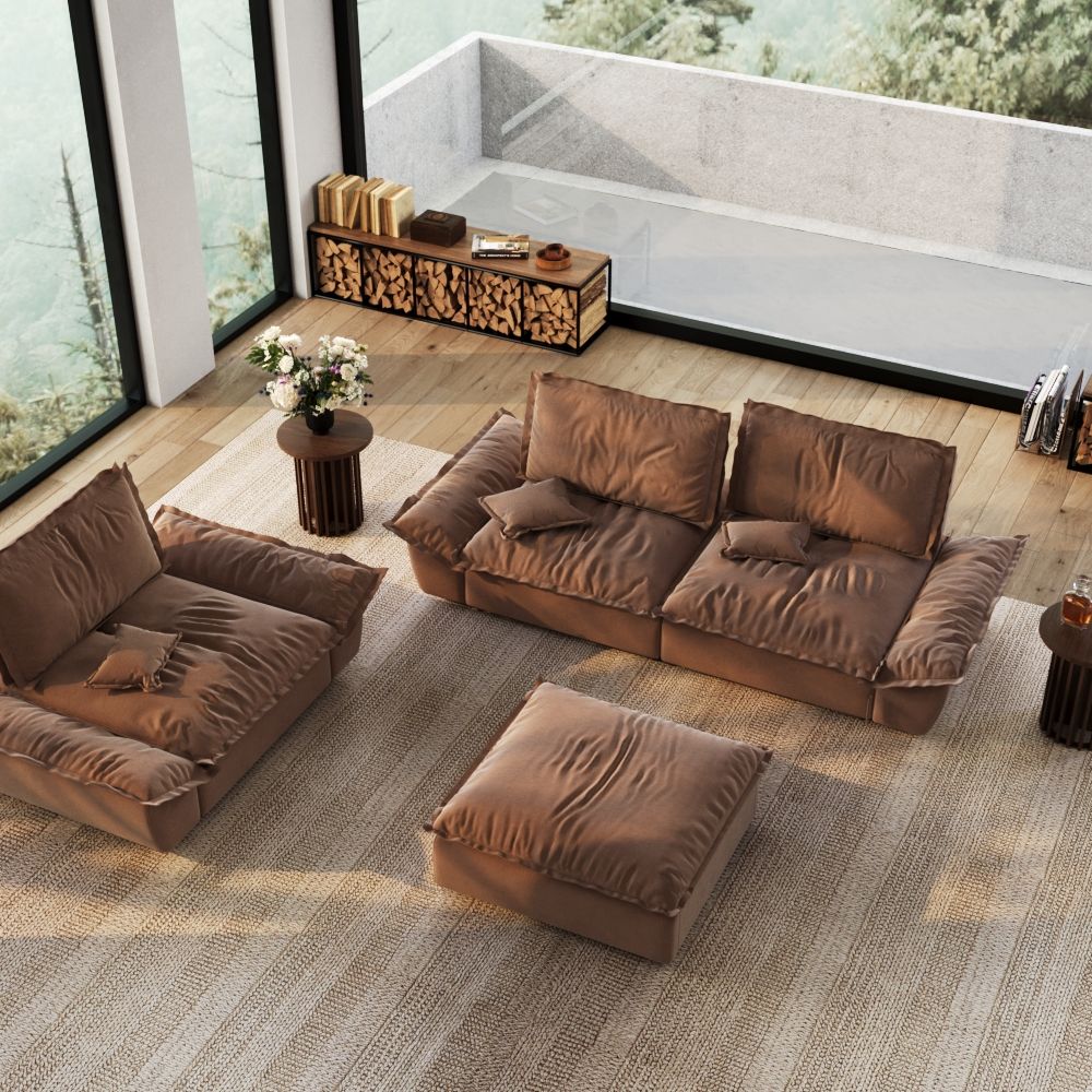 Brown Suede Fabric Sofa Set