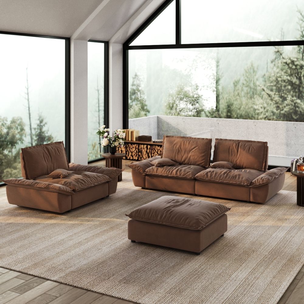 Brown Suede Fabric Sofa Set