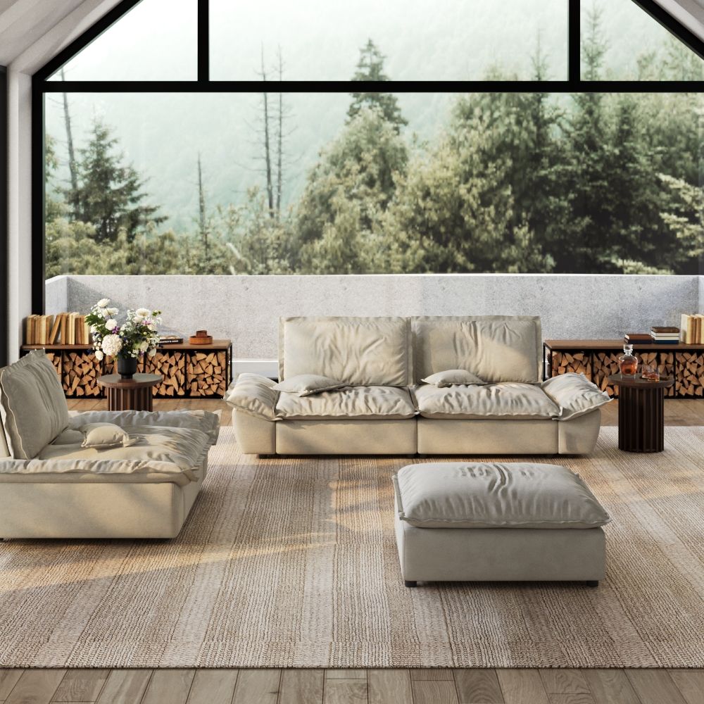 Beige Suede Fabric Sofa Set