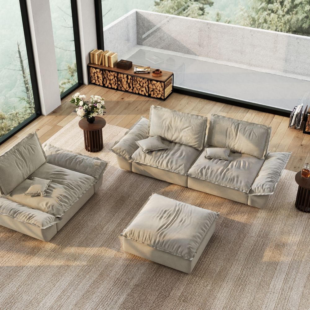 Beige Suede Fabric Sofa Set