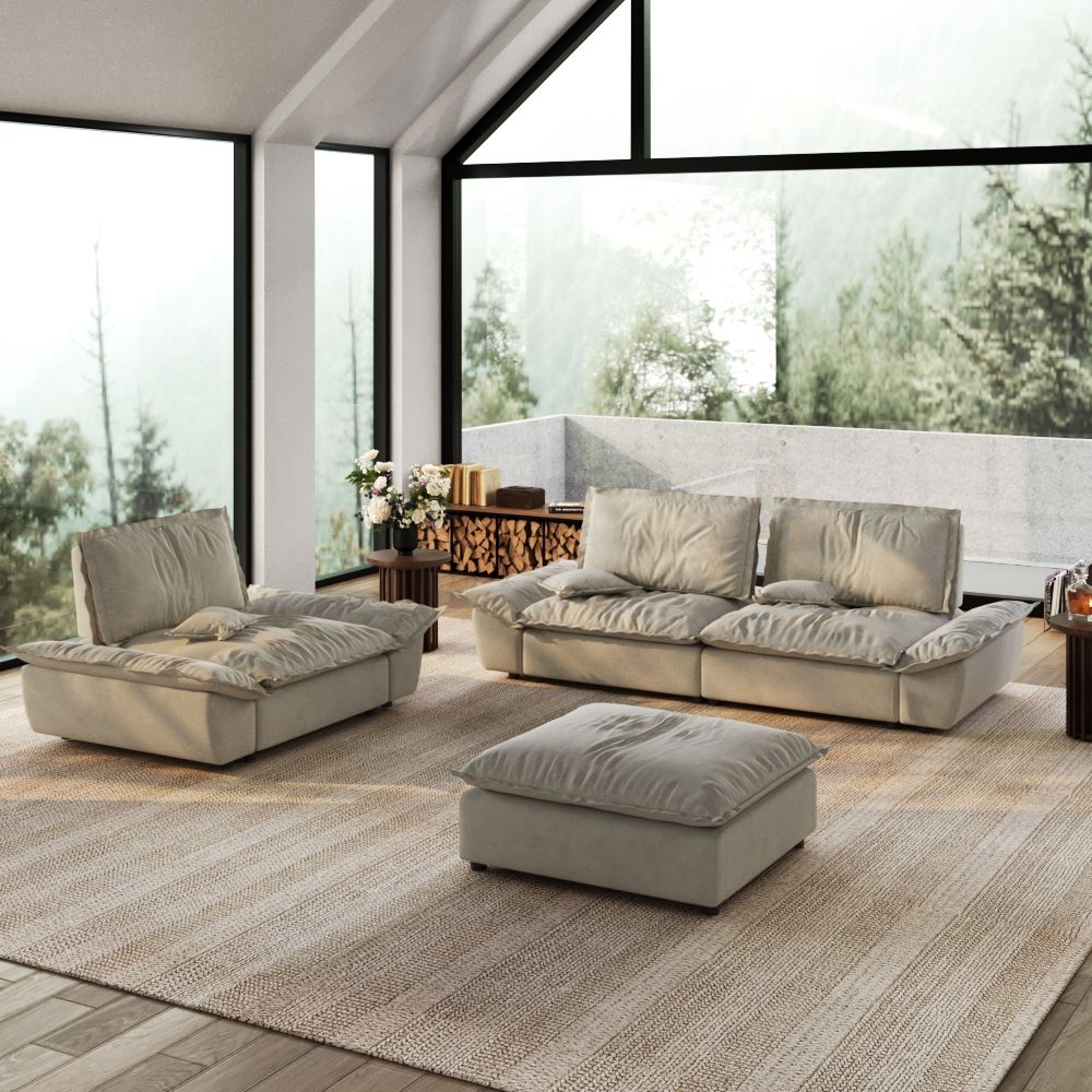 Beige Suede Fabric Sofa Set