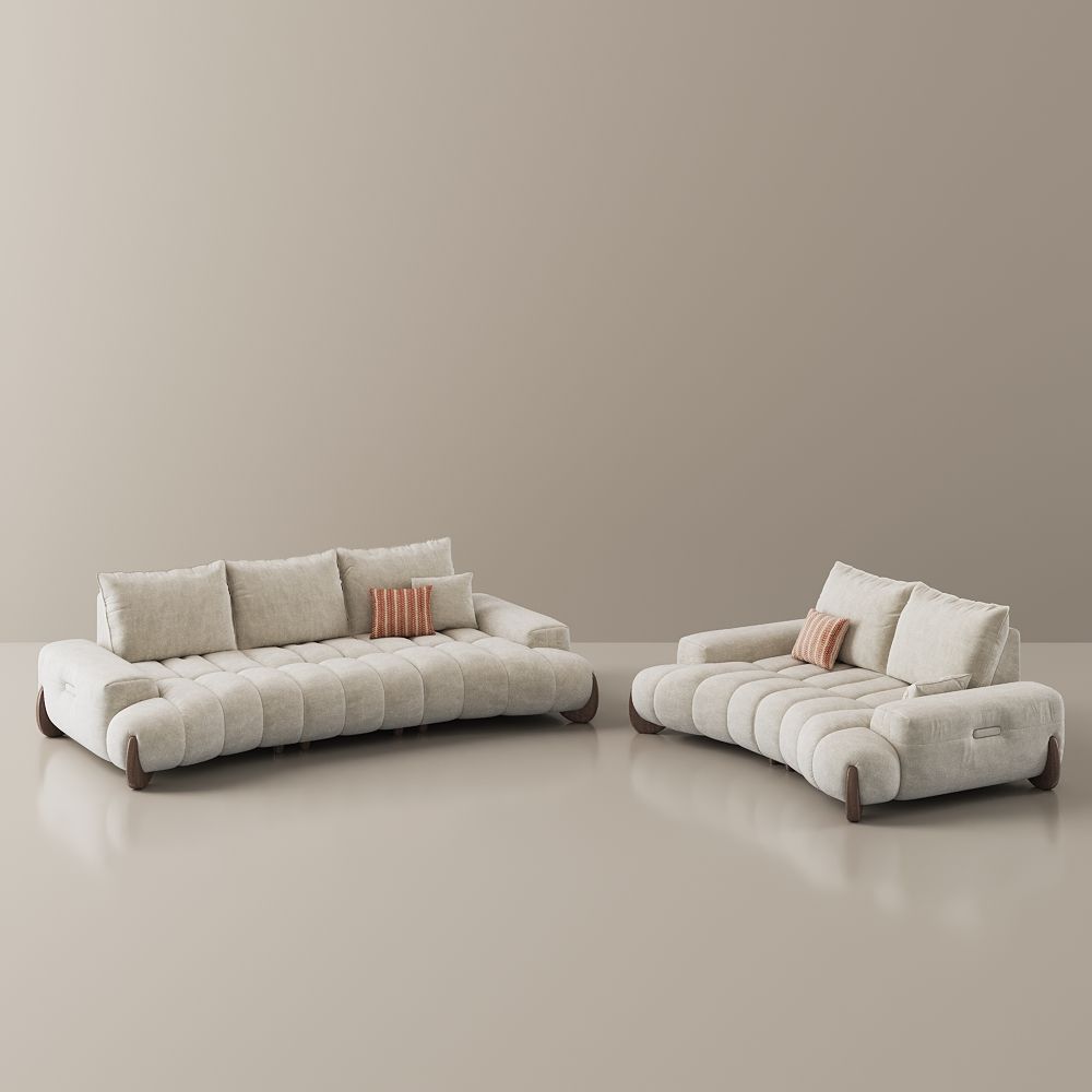Extra Wide Beige Fabric Sofa Set