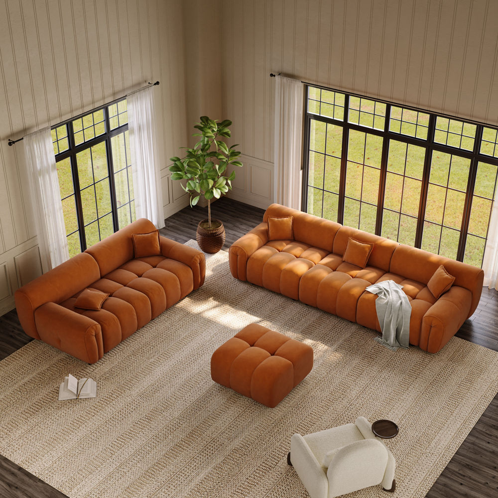 Living Room Orange Fabric Sofa Set