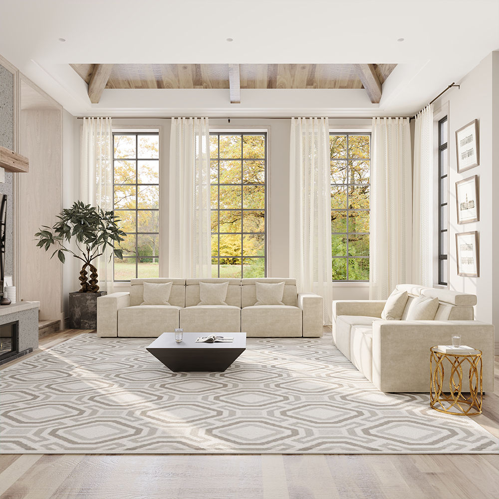 5-6 Seater Beige Fabric Sofa Set