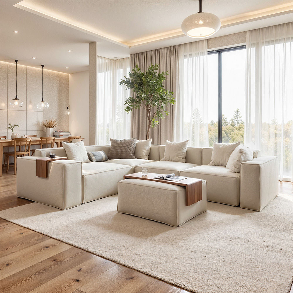Modern Beige Pet-Friendly Fabric Sofa Set