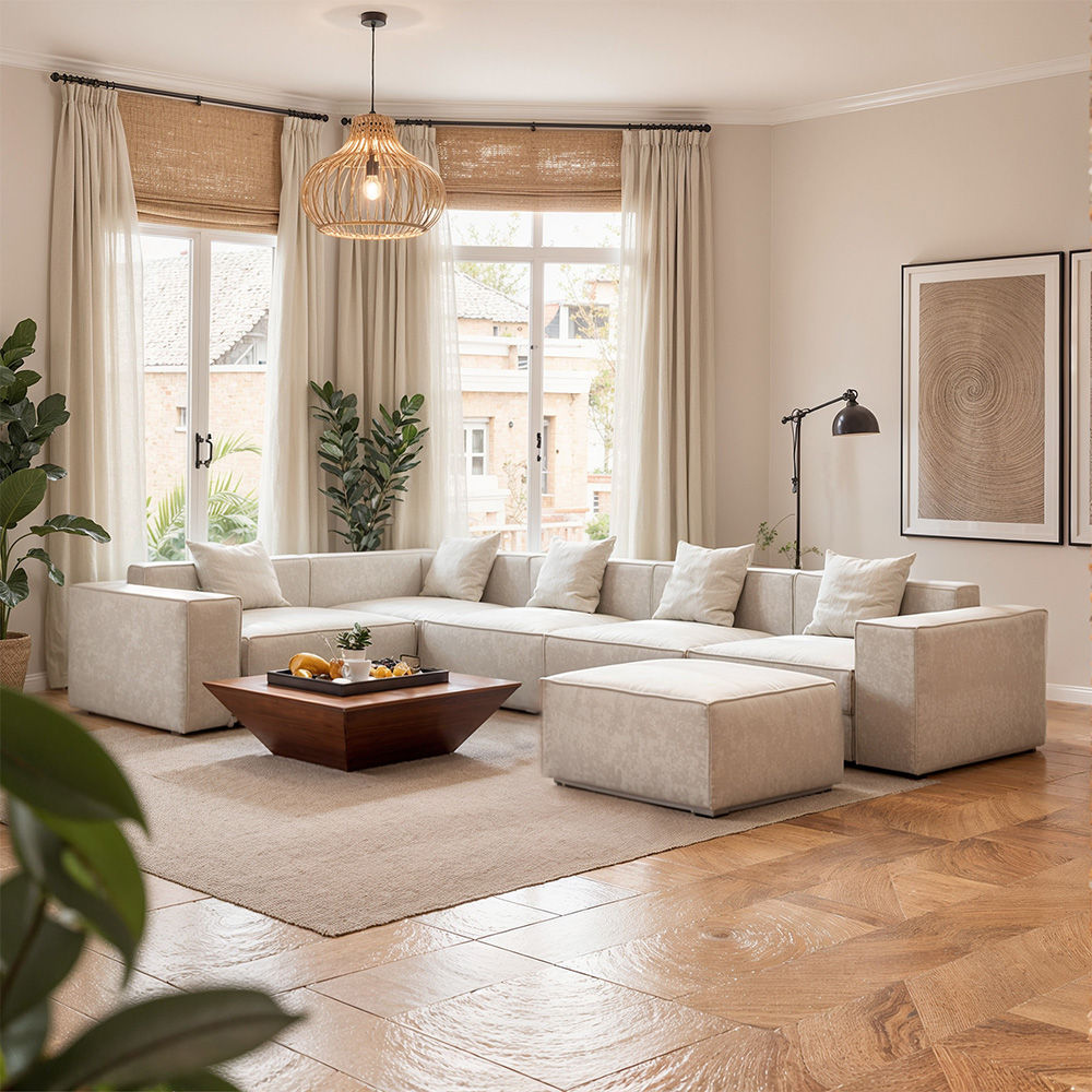 Living Room Beige Fabric Sofa Set