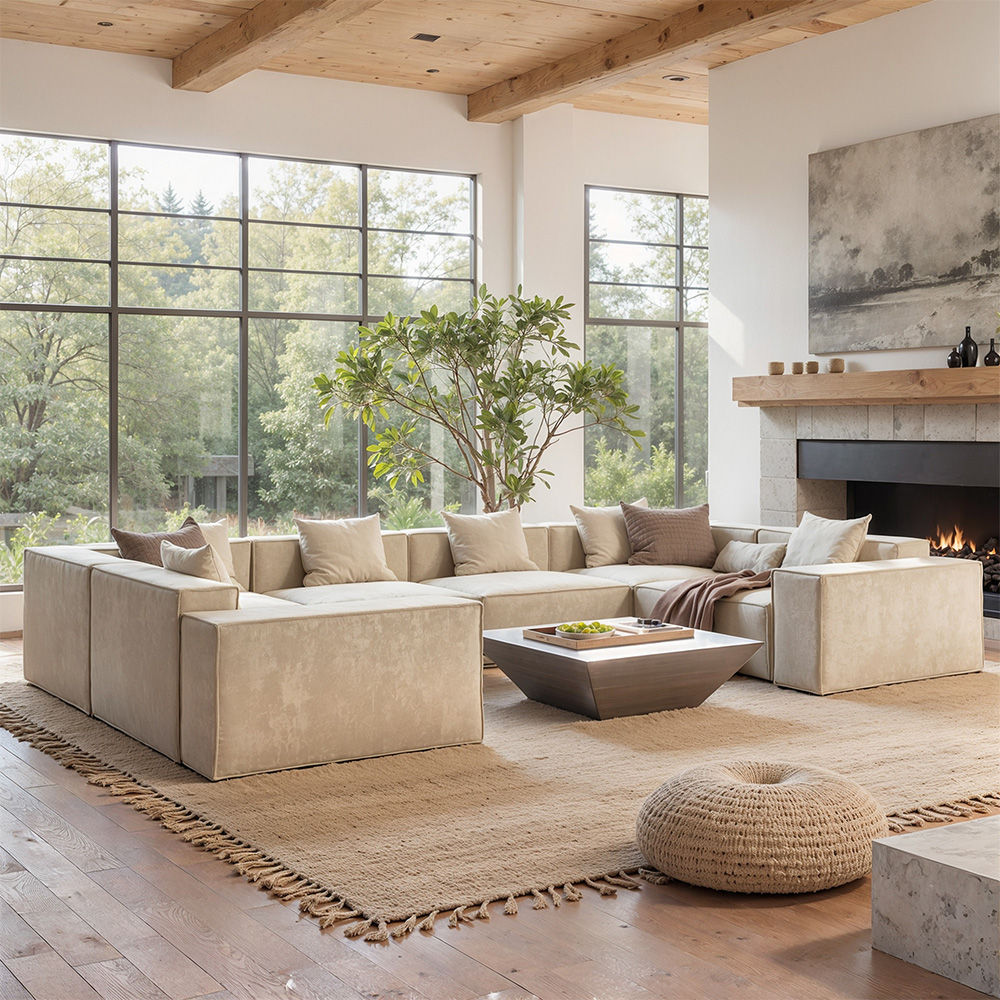 U-shaped Beige Fabric Sofa Set