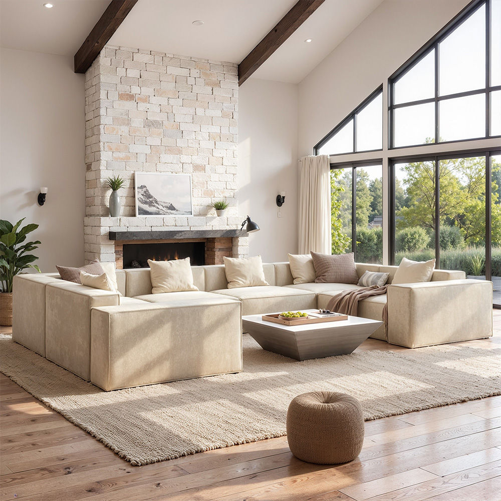 U-shaped Beige Fabric Sofa Set