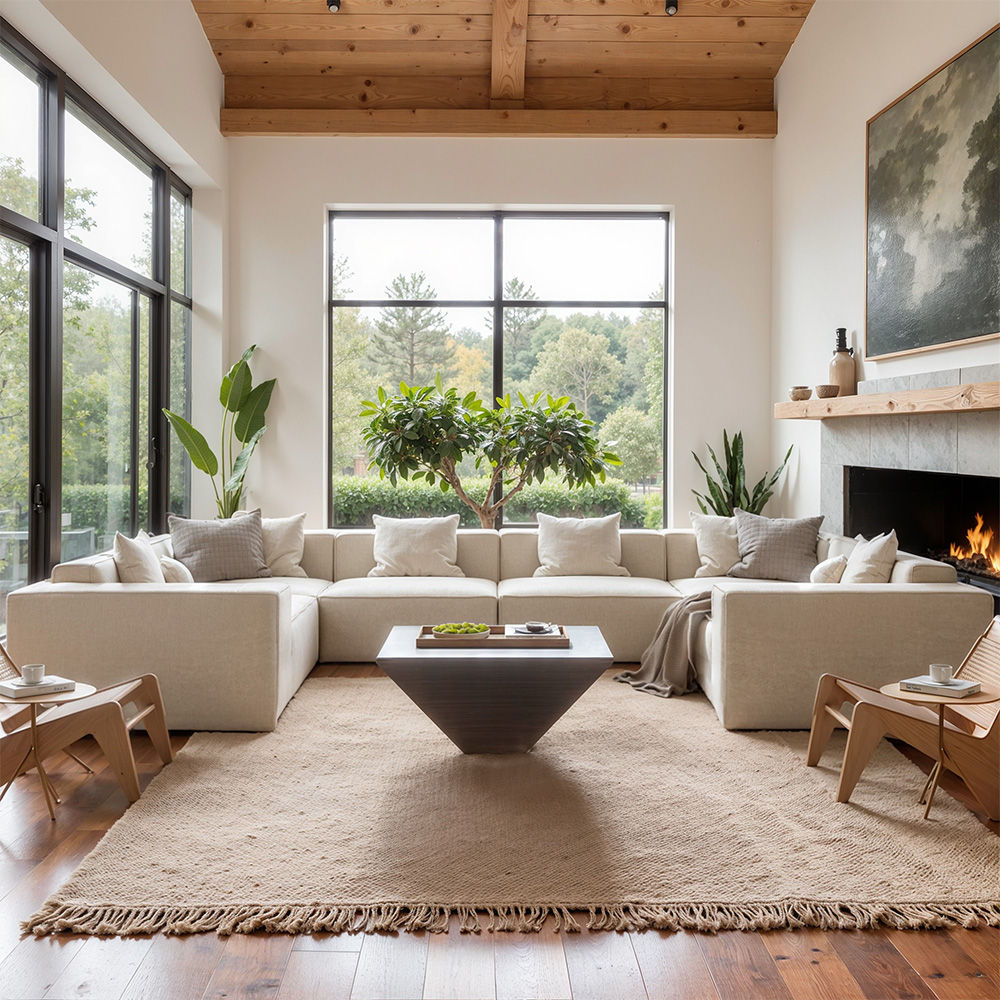 U-shaped Beige Fabric Sofa Set