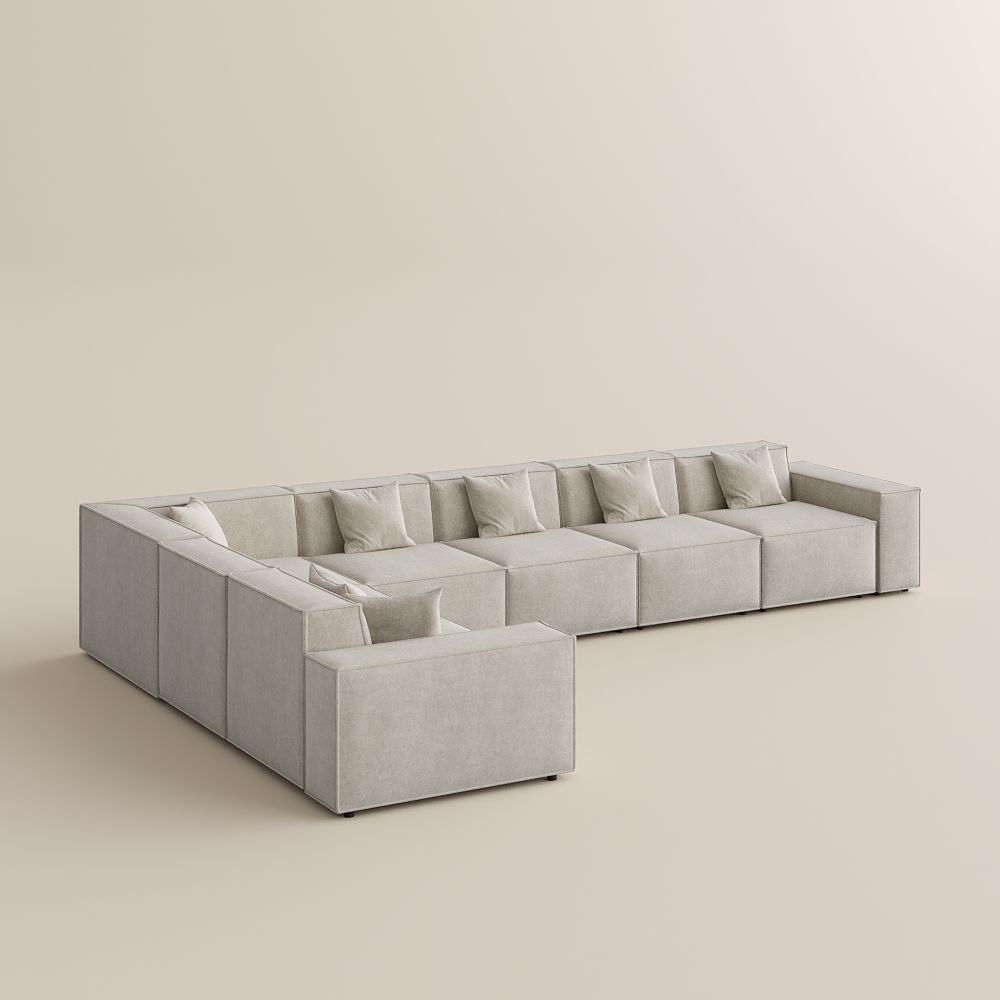 Square Armrest Beige Fabric Sofa Set