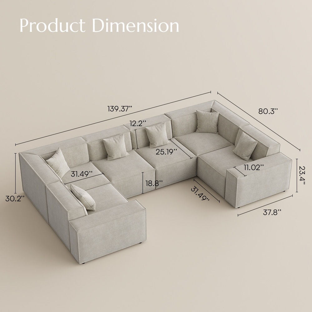 5-6 Seater Beige Fabric Sofa Set