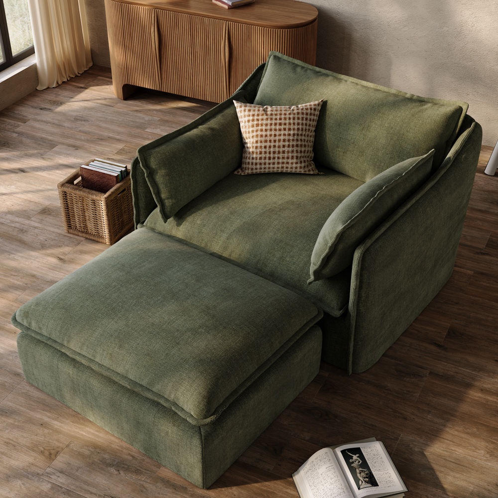 Large Green Cotton and Linen Sofa Set