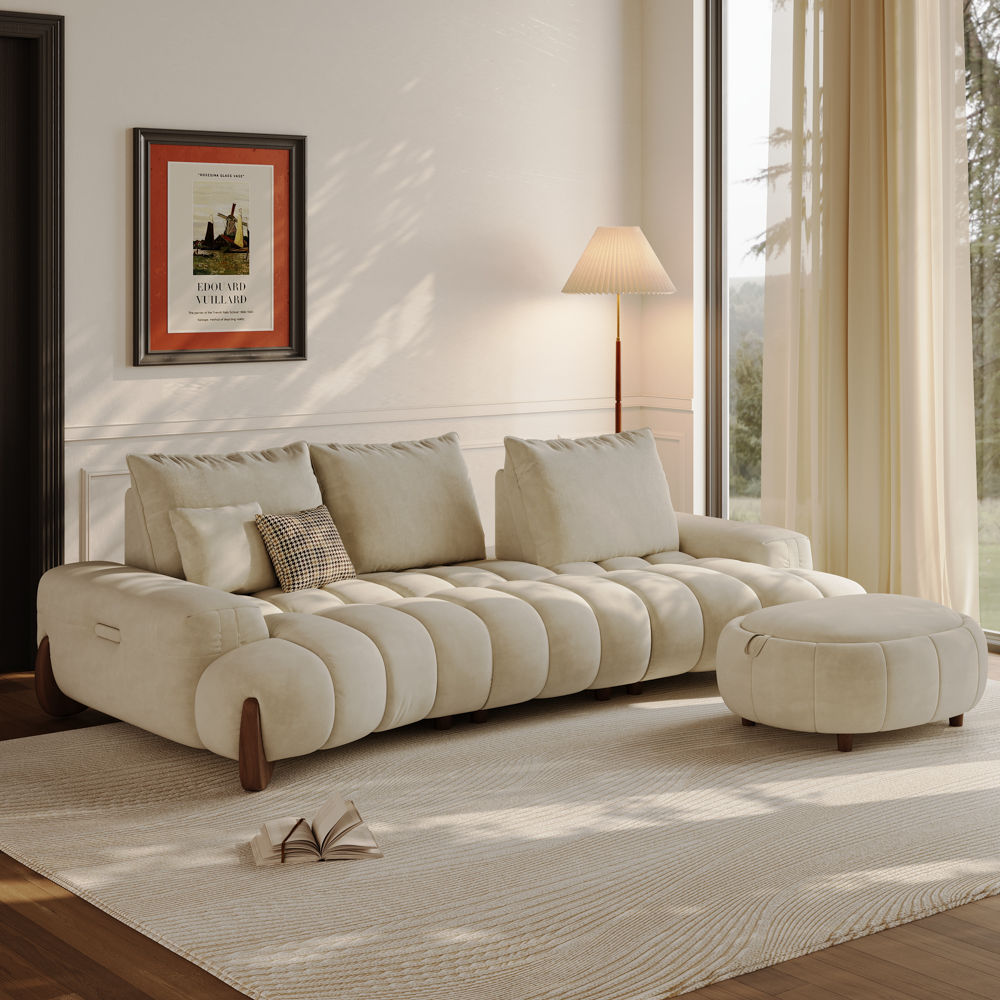 Partly Assemble Beige Fabric Sofa Set