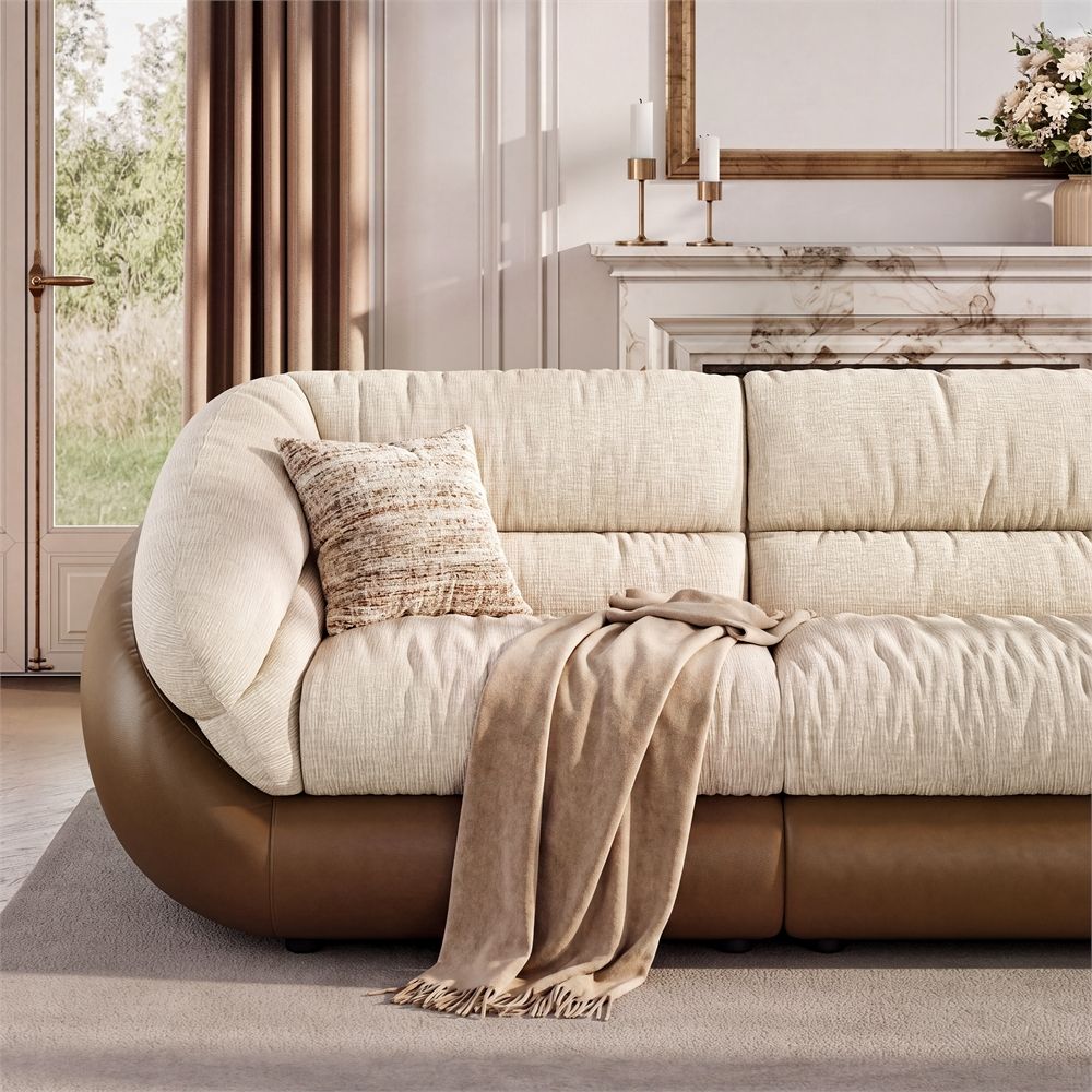 60-80 inches White Chenille Fabric & Eco-Leather Sofa Set