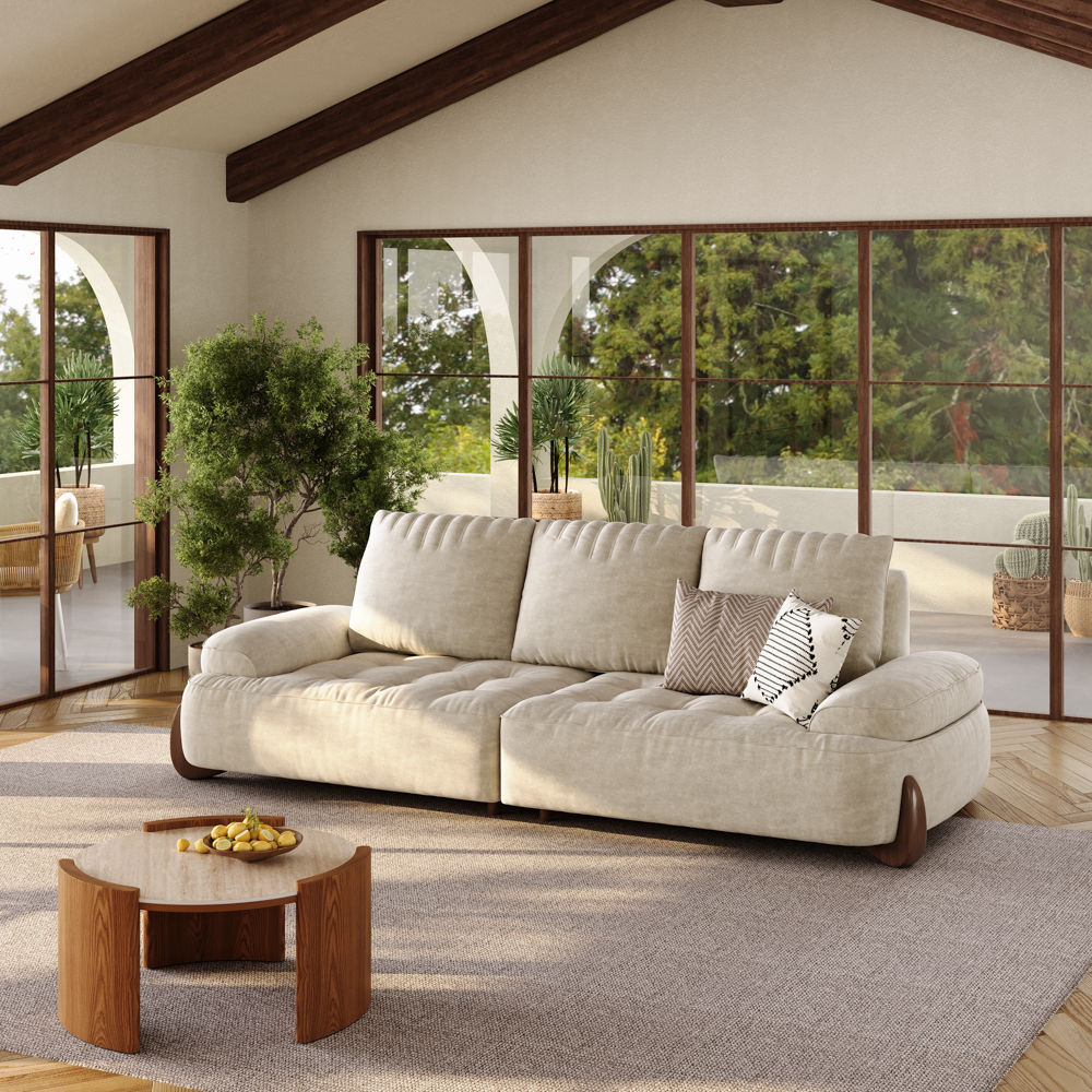 Wood Leg Beige Fabric Sofas & Loveseats