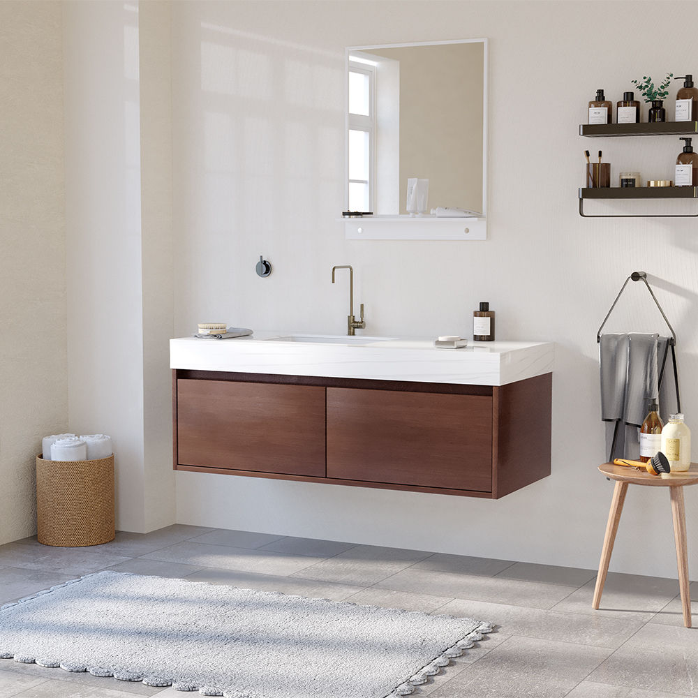 with Cabinets White & Walnut Sintered Stone & Plywood Storage