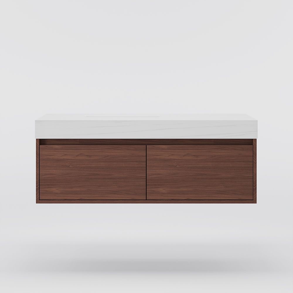 with Storage White & Walnut Sintered Stone & Plywood Storage