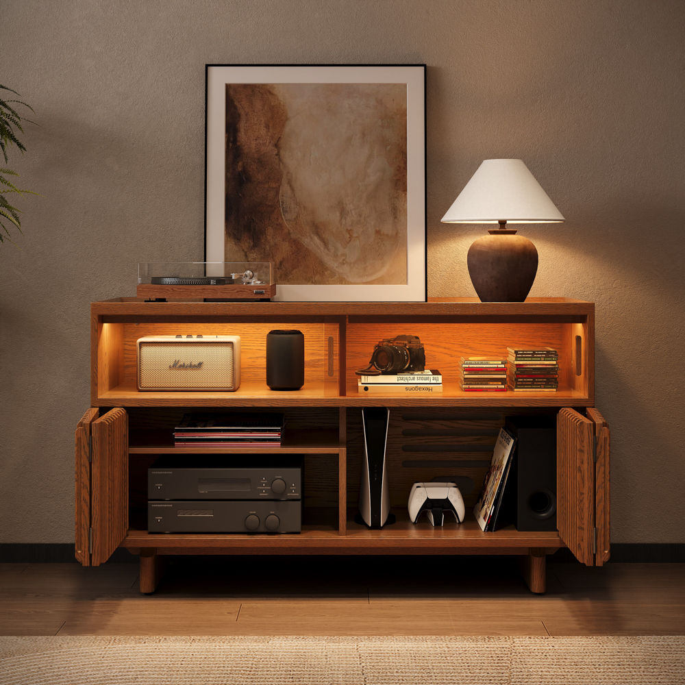 Fluted Chestnut Engineered Wood Storage Cabinets