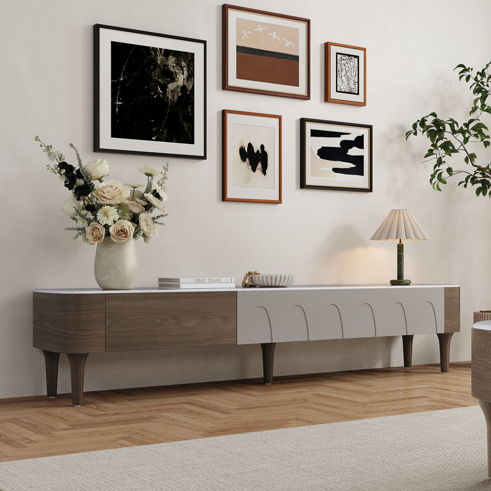 Perfect for 75 Inch TV Walnut & Gray Crystallized Stone TV Stands