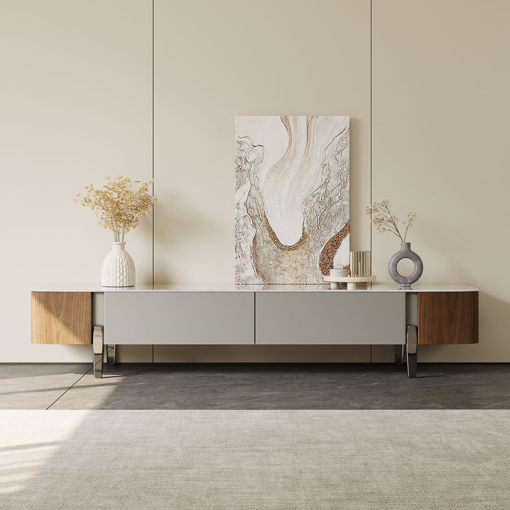 Perfect for 75 Inch TV Walnut & Gray Crystallized Stone TV Stands