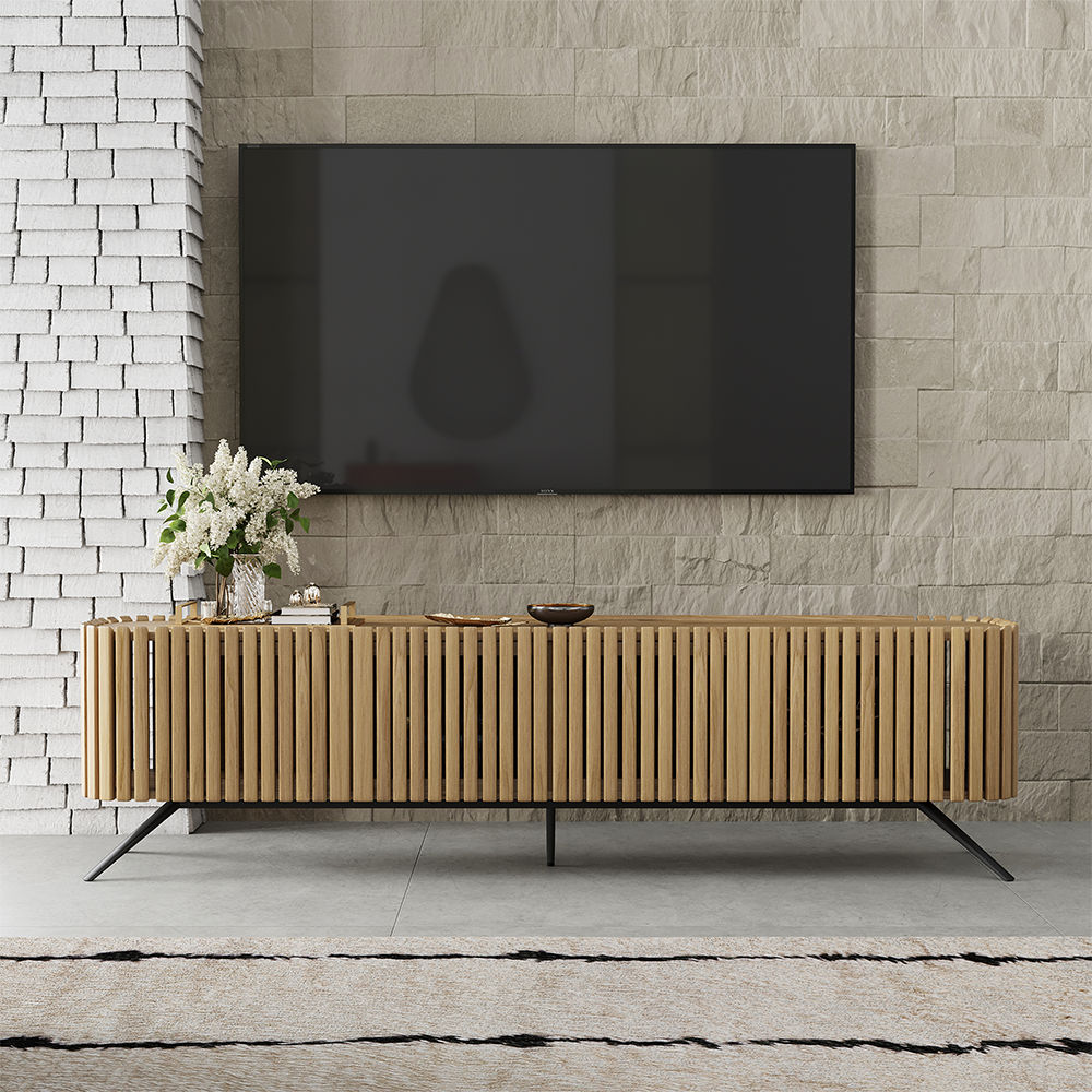 Slatted Design Wood color Plywood TV Stands