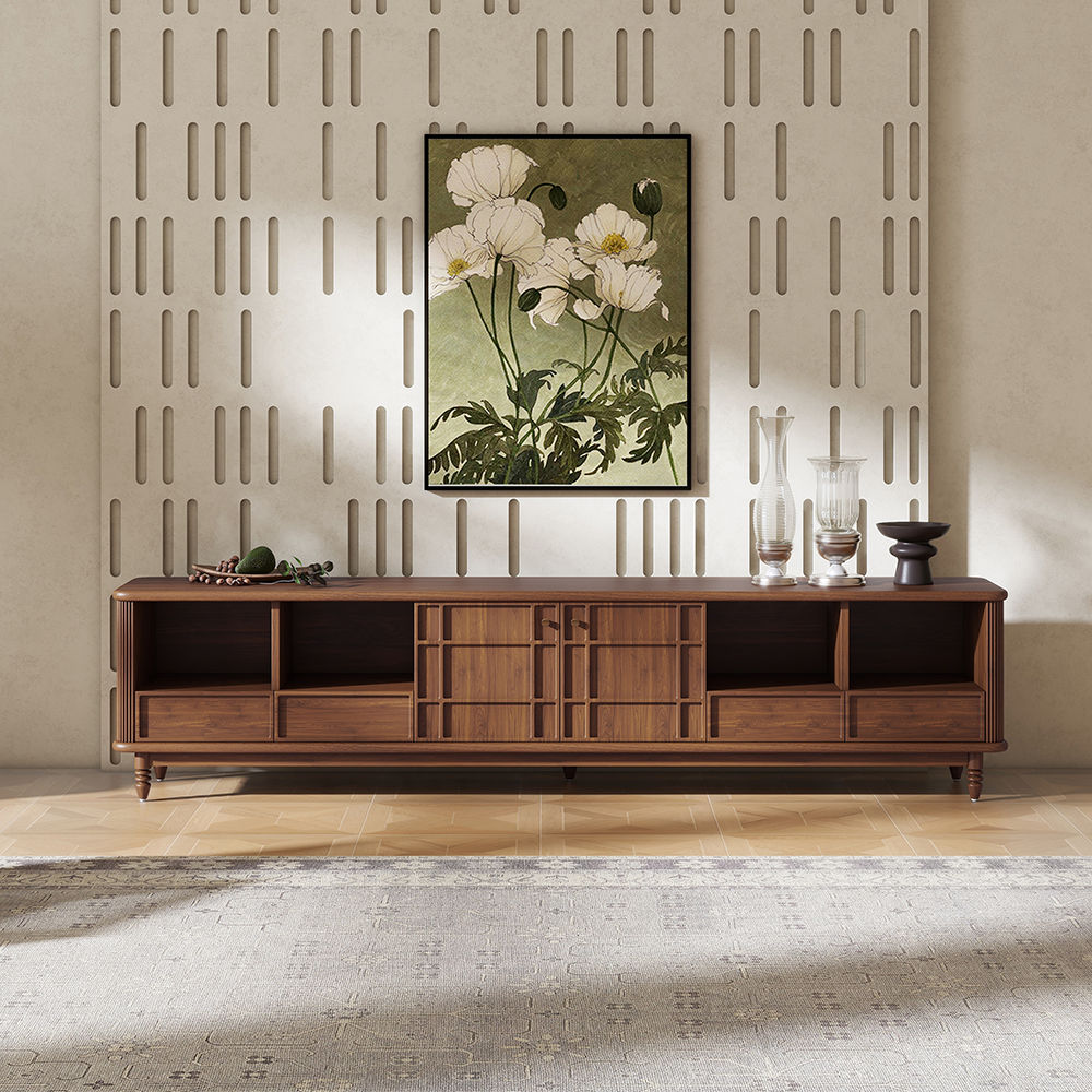 86.61'' Mid-Century Modern Cherry Wood TV Stand | Povison