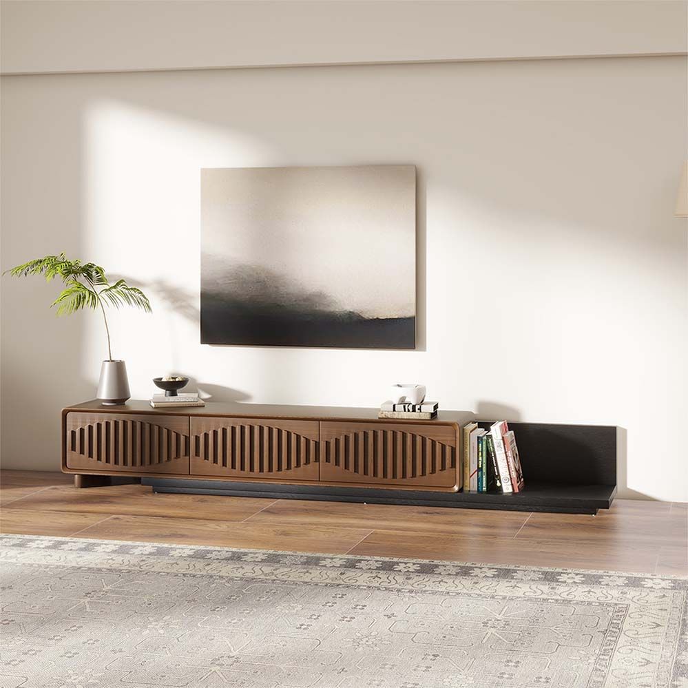 Partly Assemble Walnut & Black MDF & Solid Wood TV Stands