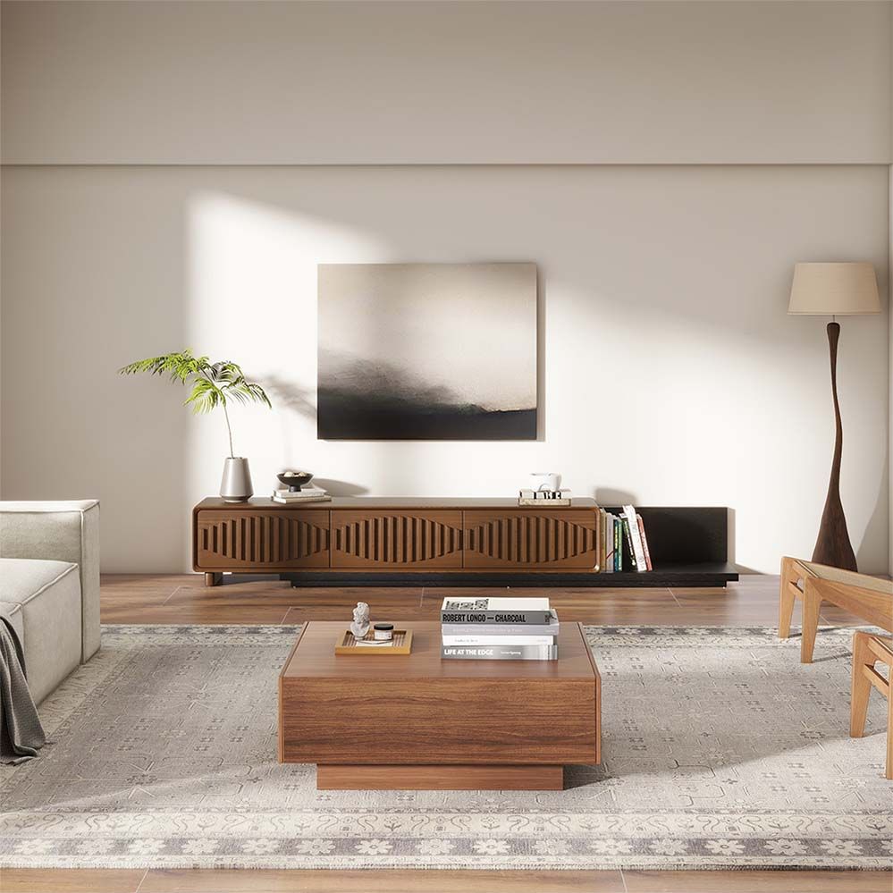 Floor TV Stand Walnut & Black MDF & Solid Wood TV Stands