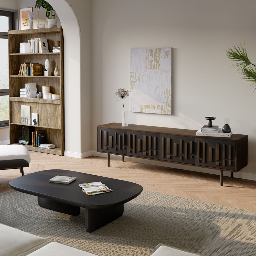 Fully Assemble Smoky Solid Wood Veneer MDF TV Stands